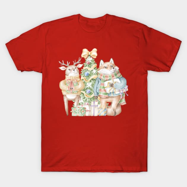 cute fox and deer with presents in front of christmas tree T-Shirt by waltzart